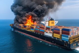 Container-Schiff steht in Flammen auf offenem Meer
