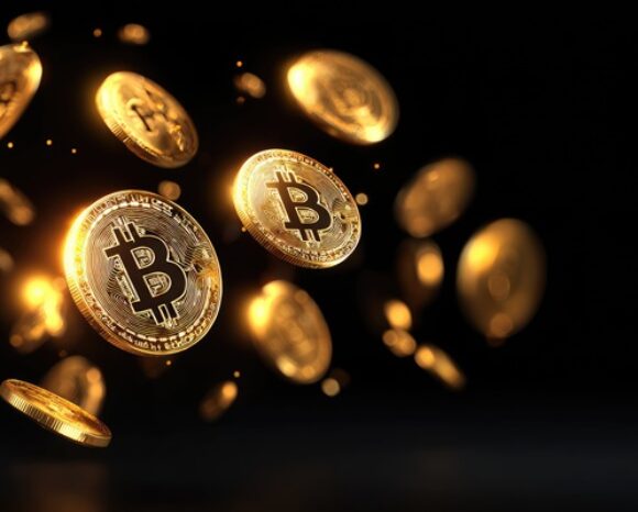 mehrere Bitcoin-Münzen vor schwarzem Hintergrund