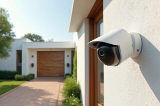 Intelligente Sicherheitskamera überwachen modernen Hauseingang und sorgt so für Sicherheit.