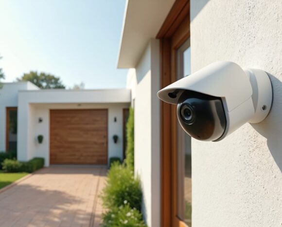 Intelligente Sicherheitskamera überwachen modernen Hauseingang und sorgt so für Sicherheit.