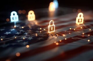 Cybersicherheit-Schloss-Netzwerk über amerikanischer Flagge