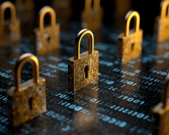 Goldene Vorhängeschlösser sind auf einer dunklen Oberfläche angebracht, auf der ein Binärcode leuchtet.