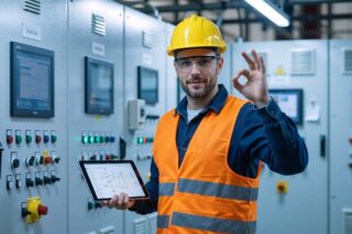 Ein Industrieingenieur mit Schutzhelm zeigt ein OK-Zeichen, während er ein Tablet in der Hand hält.