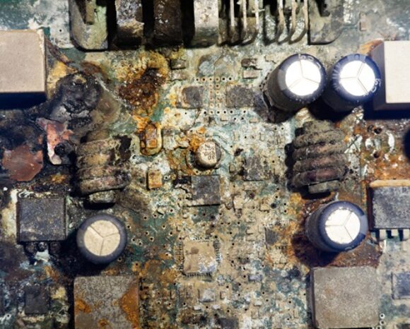 Elektronisches Board mit Korrosionsspuren