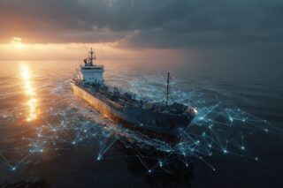 Schiff im Abendlicht mit Kommunikationsverbindungen