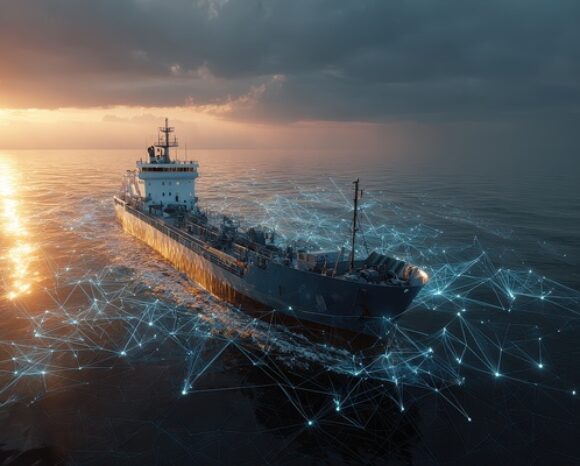 Schiff im Abendlicht mit Kommunikationsverbindungen