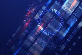 Dynamischer, abstrakter Technologie-Hintergrund mit leuchtend blauen und roten Linien, die auf ein futuristisches zentrales Element zulaufen.