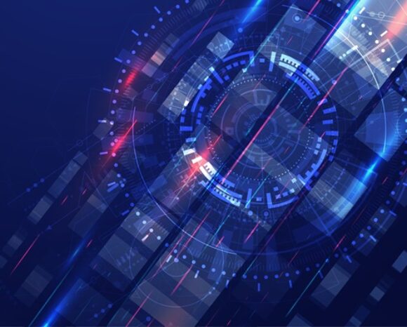 Dynamischer, abstrakter Technologie-Hintergrund mit leuchtend blauen und roten Linien, die auf ein futuristisches zentrales Element zulaufen.