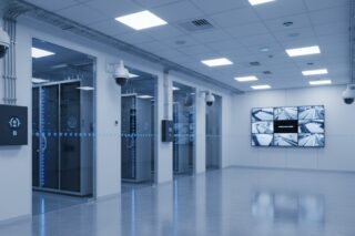 Moderne Sicherheitstechnik-Umgebung mit sichtbaren Elementen wie Zutrittskontrollsystemen, Überwachungskameras, Brandmeldetechnik und Monitoring-Bildschirmen in einem professionellen Rechenzentrum-Setting
