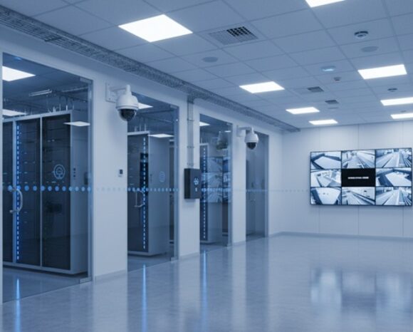 Moderne Sicherheitstechnik-Umgebung mit sichtbaren Elementen wie Zutrittskontrollsystemen, Überwachungskameras, Brandmeldetechnik und Monitoring-Bildschirmen in einem professionellen Rechenzentrum-Setting