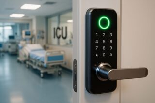 Moderne Intensivstationstür mit digitalem Schloss und Krankenzimmer im Hintergrund