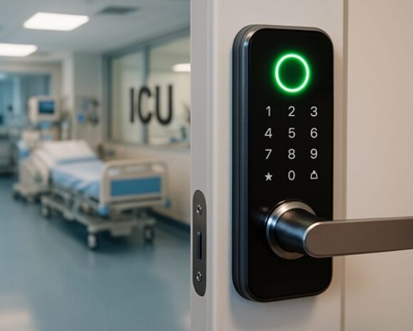 Moderne Intensivstationstür mit digitalem Schloss und Krankenzimmer im Hintergrund