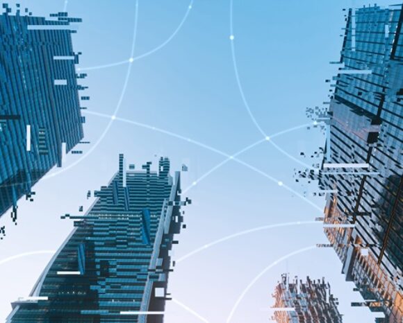 Futuristische Stadtansicht, modernes Bürogebäude aus der Froschperspektive