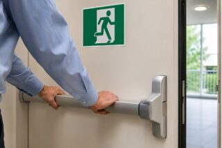 Mann öffnet Notausgangstür mit Panikriegel in Bürogebäude