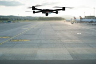 Drohne im Flug über Flughafen-Landebahn
