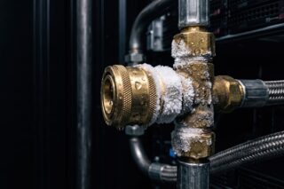 Frostbedeckte Messing-Schnellkupplungen an Flüssigkeitskühlleitungen im Serverschrank