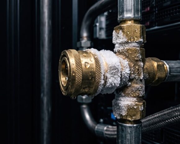 Frostbedeckte Messing-Schnellkupplungen an Flüssigkeitskühlleitungen im Serverschrank