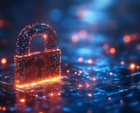 Leuchtendes digitales Schloss auf blauer Schaltkreislandschaft; Symbol für Cybersicherheit, Datenschutz, Netzwerksicherheit und Verschlüsselung."