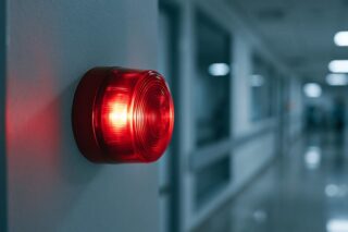 Rotes Sicherheitsalarmlicht leuchtet in einem dunklen Krankenhausflur