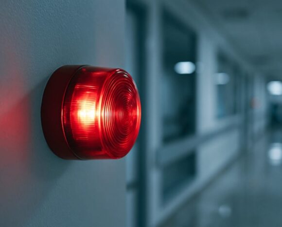 Rotes Sicherheitsalarmlicht leuchtet in einem dunklen Krankenhausflur